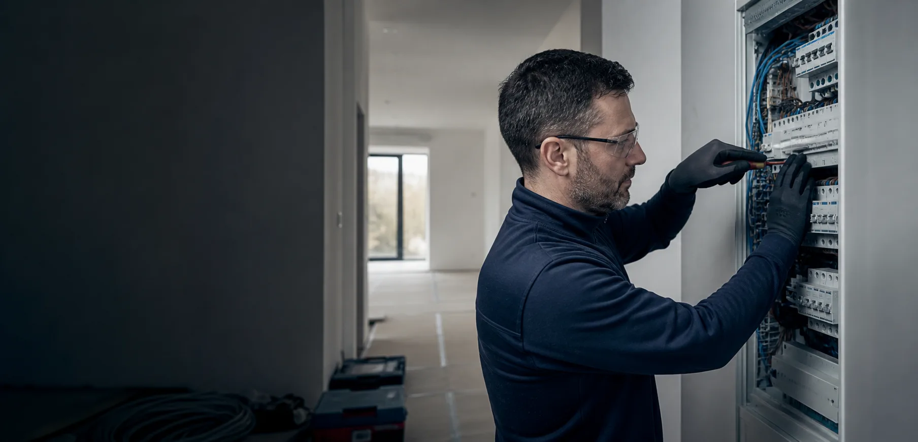 Elektriker arbeitet konzentriert an einer modernen Verteilung