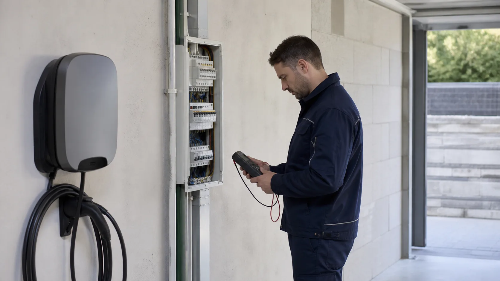 Elektriker prüft die Installation einer Wallbox