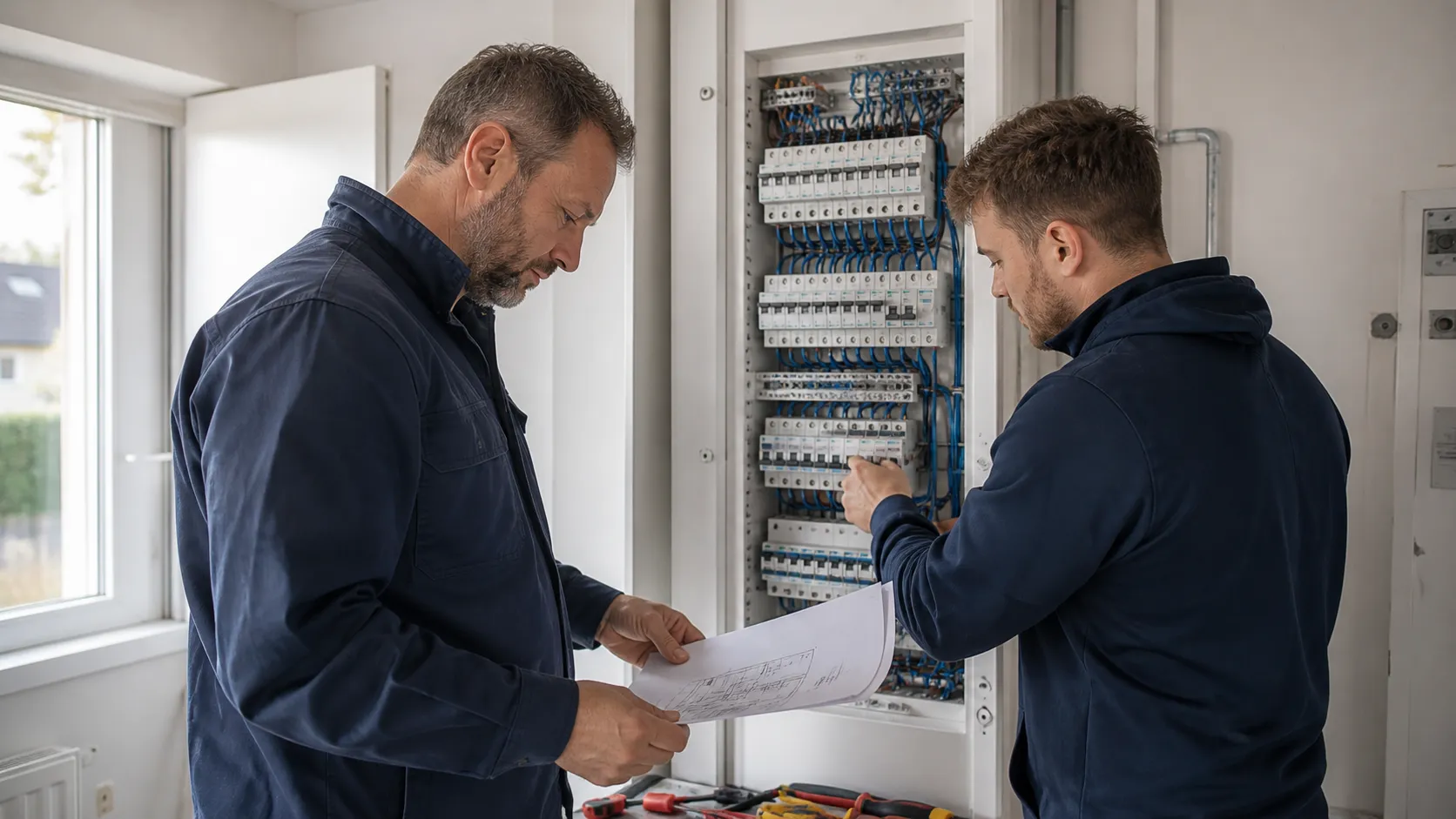 Zwei Elektriker stimmen die Arbeit an einer Verteilung ab